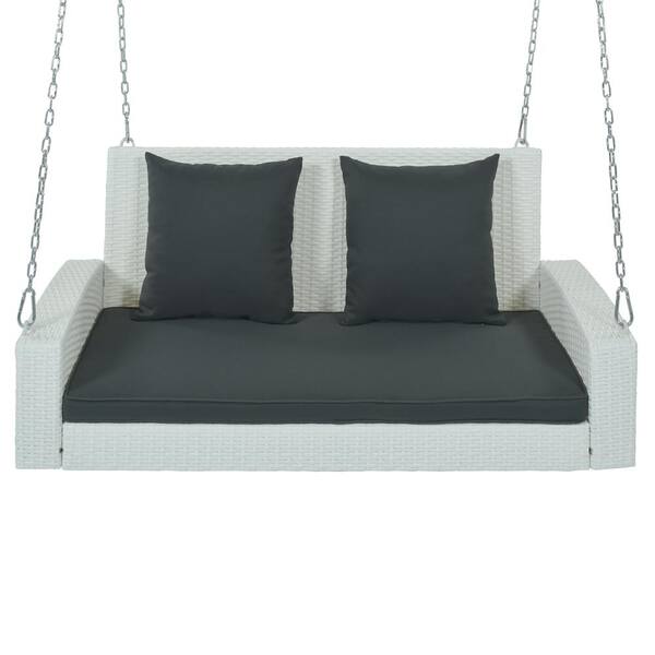 Willit 2-Person White Wicker Porch Swing with Gray Cushion, Chains, Pillow