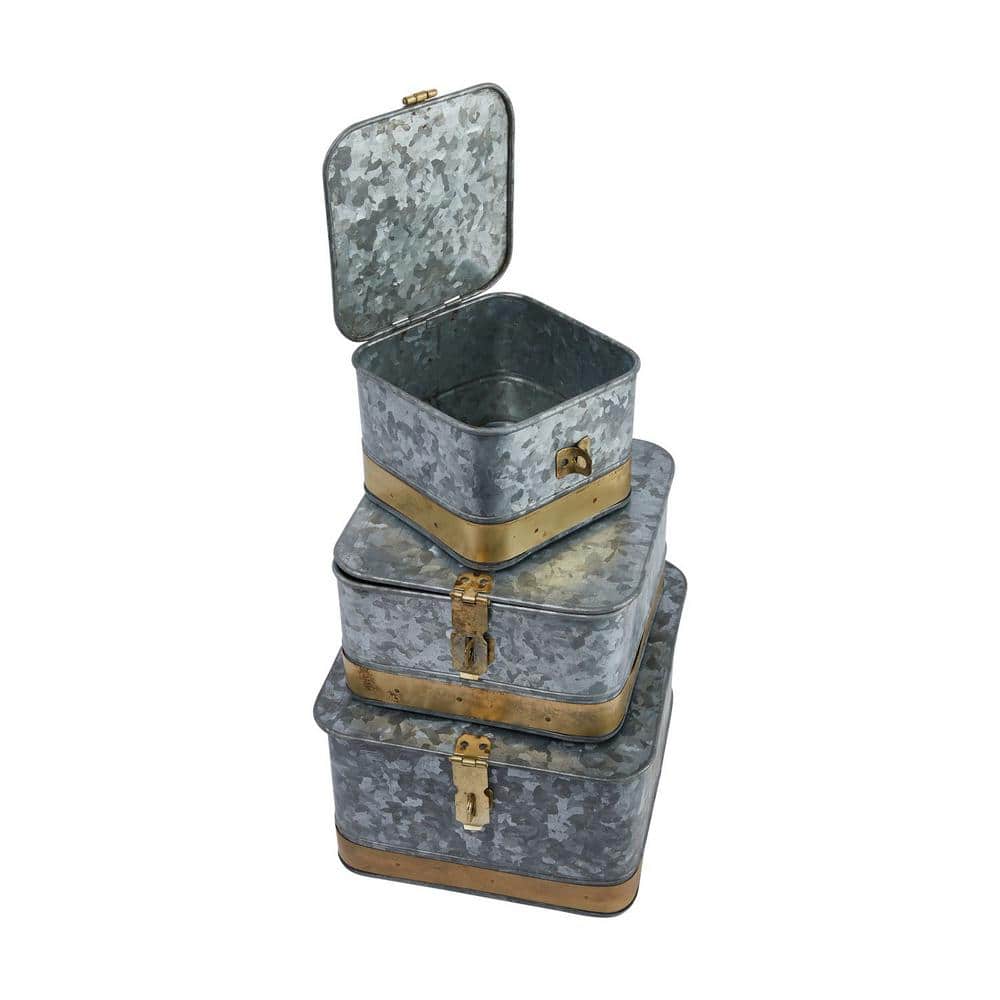 Rustic Galvanized Metal Lidded Storage Boxes with Brass Accents