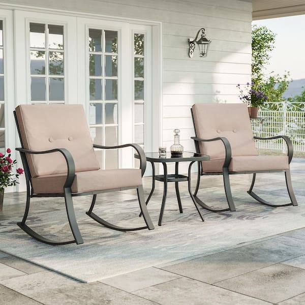 3-Piece Patio Bistro Set Steel Frame Rocking Chair With Sponge Sand Cushions and Tempered glass table