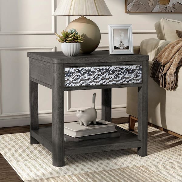 Furniture of America Hairin 24 in. Ash Gray Square Wood End Table with Drawer