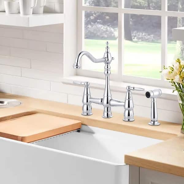Brass Double Handle Bridge Kitchen Faucet with Side Sprayer in Polished Chrome