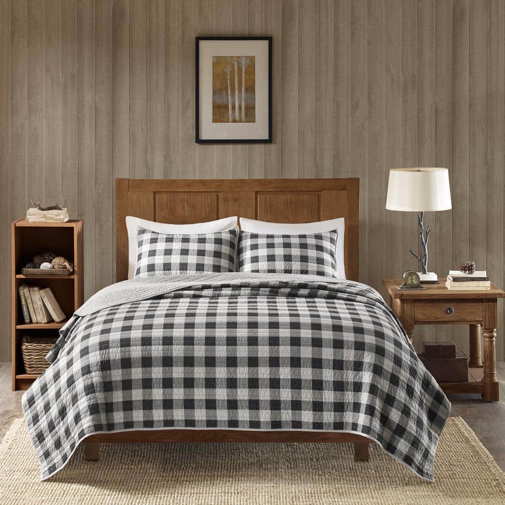 Gray King Cotton Reversible Buffalo Check Quilt Set