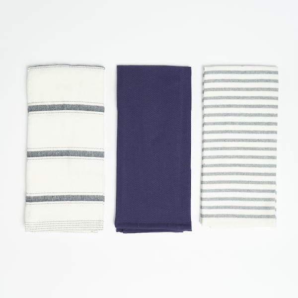 Navy Sold/Stripe Combo 100% Cotton Kitchen Towels (3 Piece Set)
