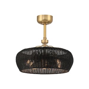 Maribel 12 in. Indoor Aged Brass Ceiling Fan with Black Rattan Shade Dimmable LED Lights and Remote Control