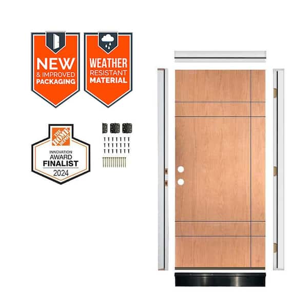 DIY Modern 36 in. x 79 in. Right-Hand 10-Grid Solid Panel Teak Stain Fiberglass Front Door Kit w/ Quick Assemble Jamb