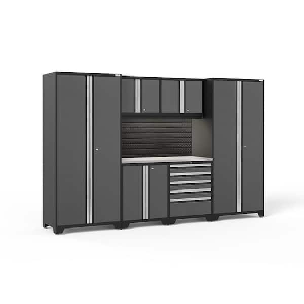 NewAge Products Pro Series 128 in. W x 84.75 in. H x 24 in. D 18-Gauge Steel Garage Cabinet Set in Gray (7-Piece)