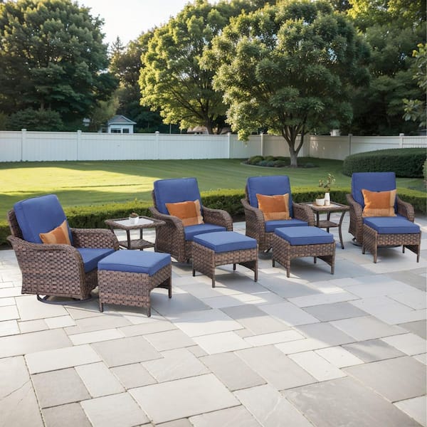 10-Piece Wicker Outdoor Chair Set, Including Rocking Chairs, Side Table and Footstools with Blue Cushions