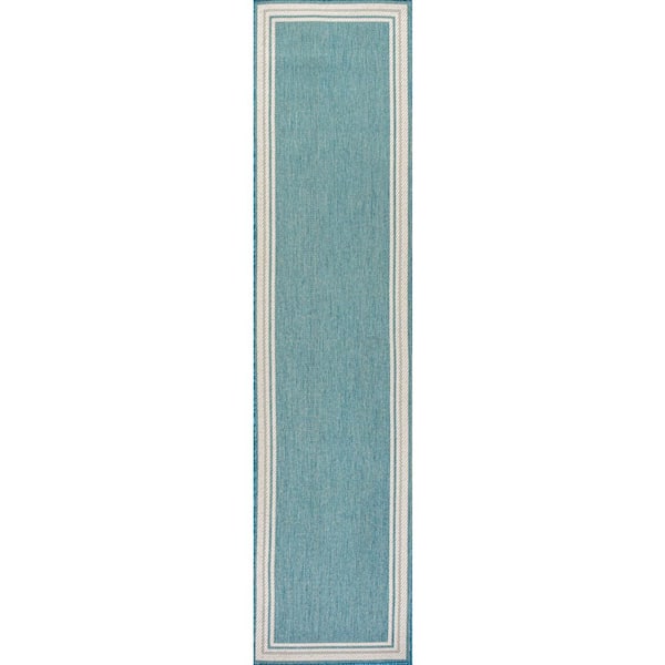 James Modern Border Stripe Aqua/Beige 2 ft. x 8 ft. Indoor/Outdoor Area Rug