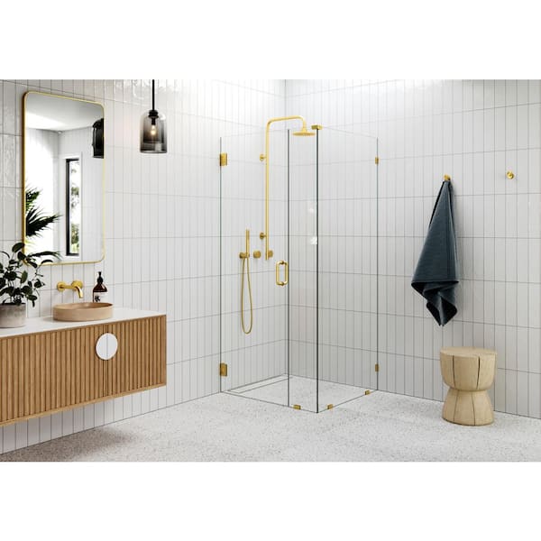 Glass Warehouse 38 in. W x 32 in. D x 78 in. H Pivot Frameless Corner Shower Enclosure in Satin Brass Finish with Clear Glass