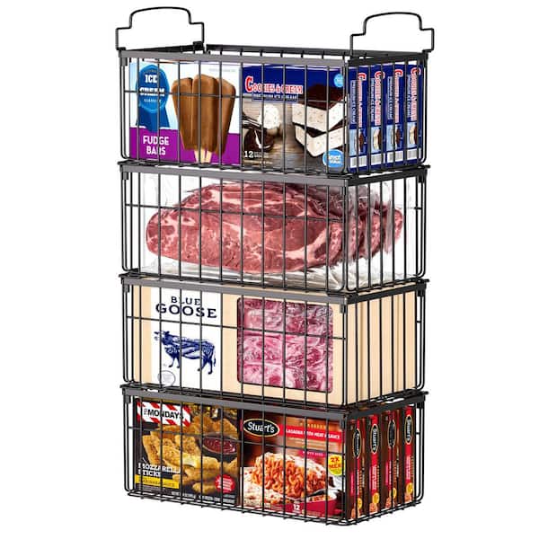 1-Shelf 4-Pack Stackable Freezer Storage Bin with Rustproof Metal Frame, Foldable Baskets with Handles, in Black