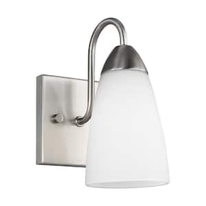 Seville 4.75 in. 1-Light Brushed Nickel Transitional Modern Wall Bathroom Vanity Light with White Etched Glass Shade