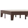Wood frame platform bed with wooden slats on a plain background.