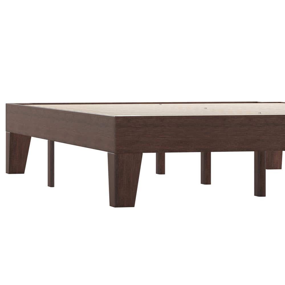 Full Walnut Solid Wood Platform Bed with Slats and Drawer