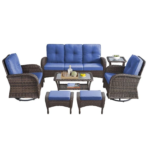 Brown 7-Piece Wicker Patio Conversation Set with Swivel Rockers, Outdoor Sofa Seating Set with Blue Cushions