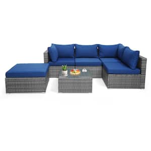 6-Piece Patio Rattan Sectional Sofa Set Conversation Furniture Set with Navy Cushions