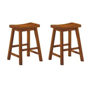 24 in. H Oak Brown Wooden Counter Height Stool with Saddle Seat (Set of 2)