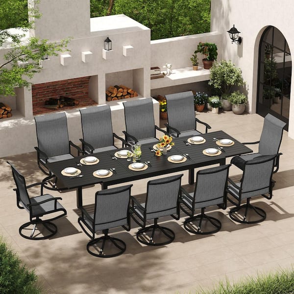 11-Piece Aluminum Rectangular Outdoor Dining Set, Extendable Patio Table with Umbrella Hole and 10 Swivel Patio Chairs