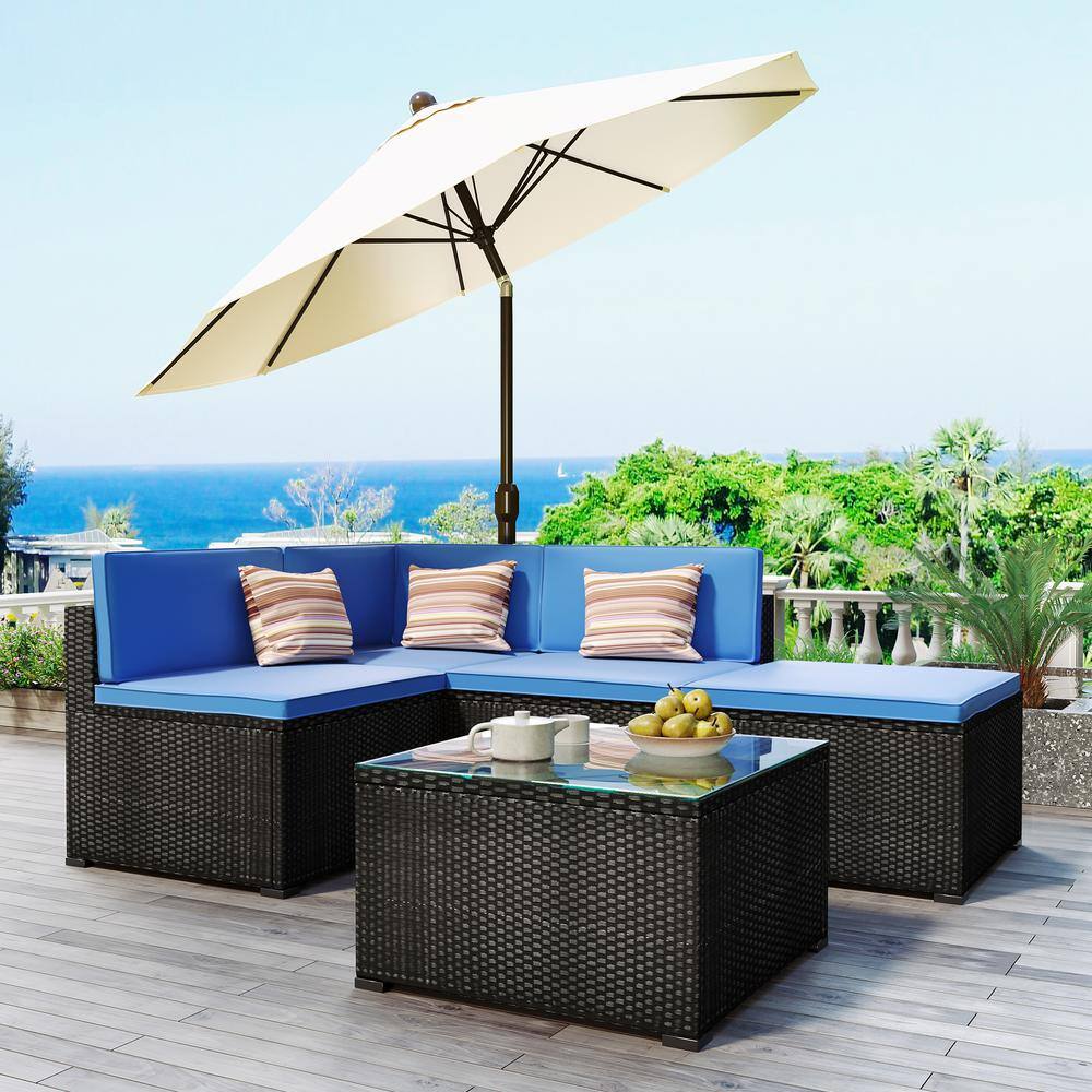 Itapo 5-Piece Wicker Rattan PE Patio Conversation Set With Blue ...