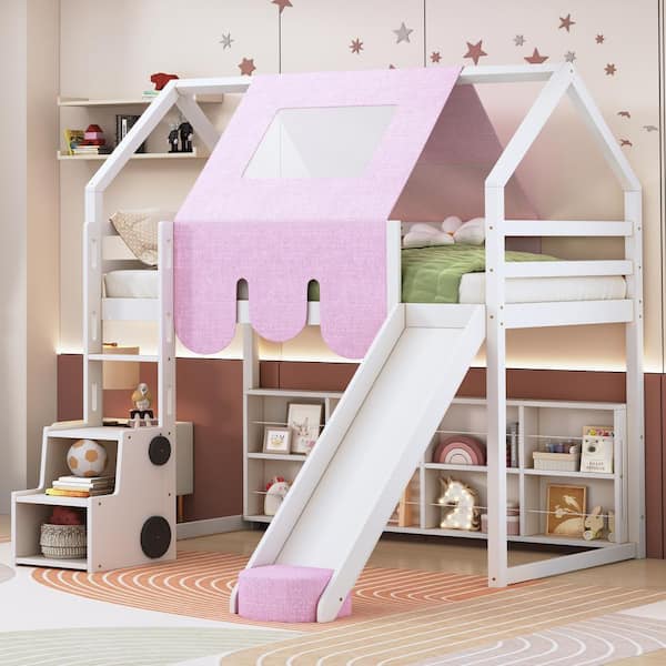 Qualler White and Pink Twin Size Loft Bed with Tent
