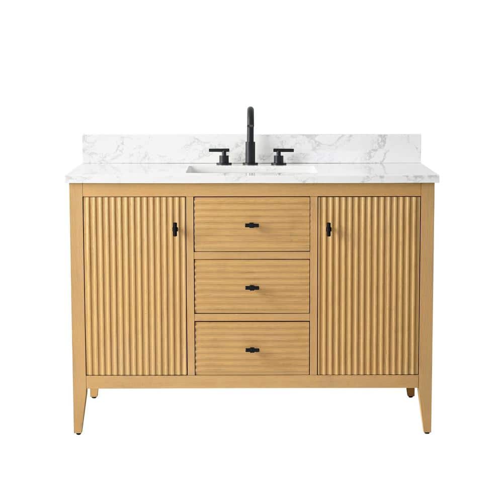 48'' Natural Oak Single Bathroom Vanity with Matte Black Handles