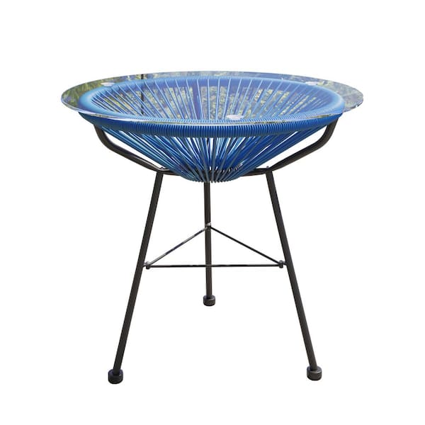 CORVUS Peacock Blue Round Wicker Outdoor Side Table with Round Glass Top