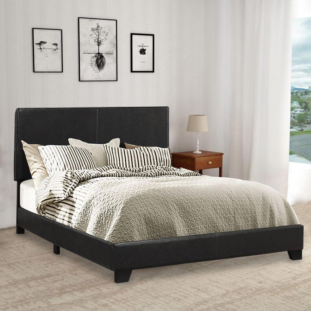 Black Leather Upholstered Queen Platform Bed with Wooden Frame