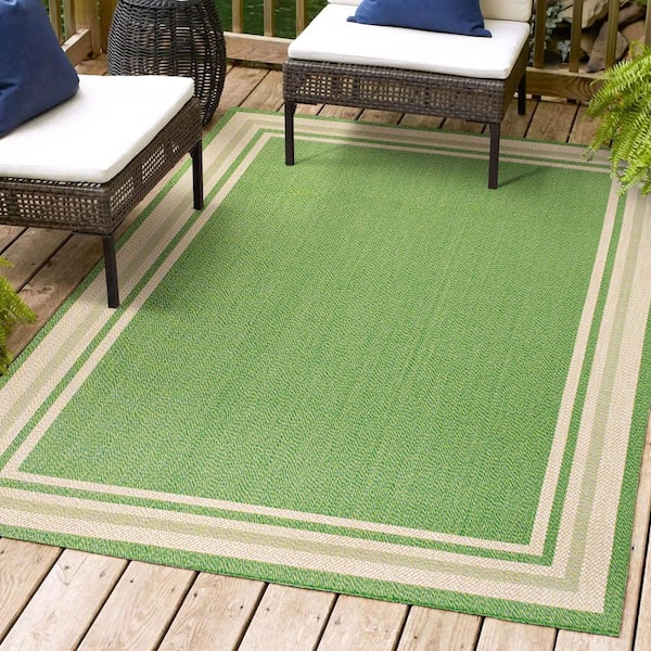 JONATHAN Y James Modern Border Stripe Green/Cream 3 ft. x 5 ft. Indoor/Outdoor Area Rug