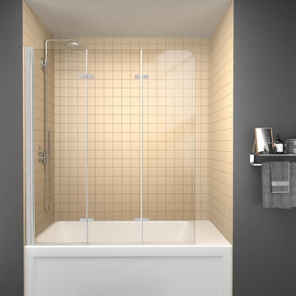 Zeafive 51 in. W x 59 in. H Frameless Foldable Pivot Bath Tub Door for Shower in Chrome with 1/4 in. Clear Glass Tri-Fold Door