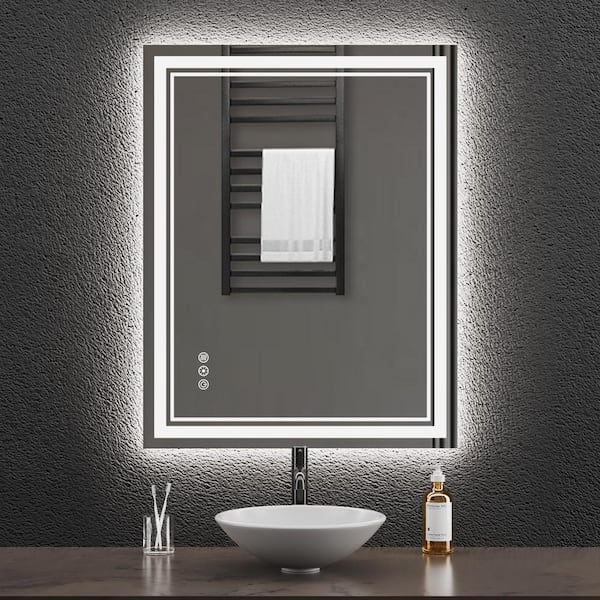 28 in W x 36 in H Rectangular Frameless Wall Mount 3 Colors Dimmable Anti-fog LED Bathroom Vanity Mirror with Memory