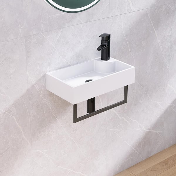 MEDUNJESS 18 in. White Solid Surface Wall-Mounted Bathroom Vessel Sink with Towel Rack