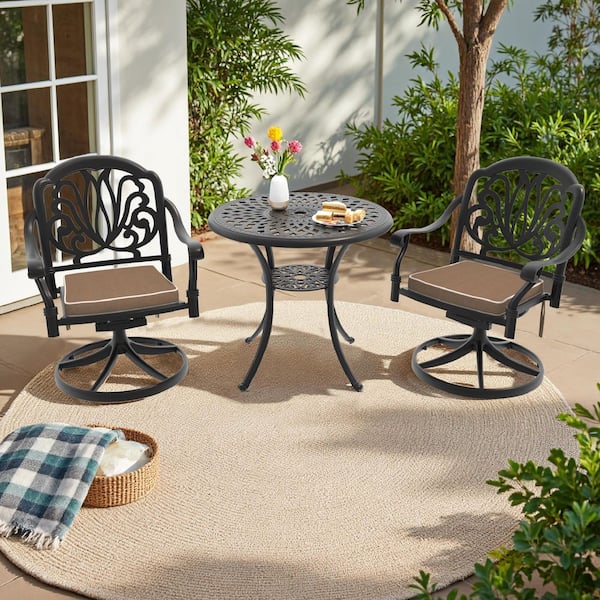 Elizabeth 3-Piece Cast Aluminum Patio Outdoor Dining Set with Round Dining Table, 2 Swivel Chairs and 2 Brown Cushions