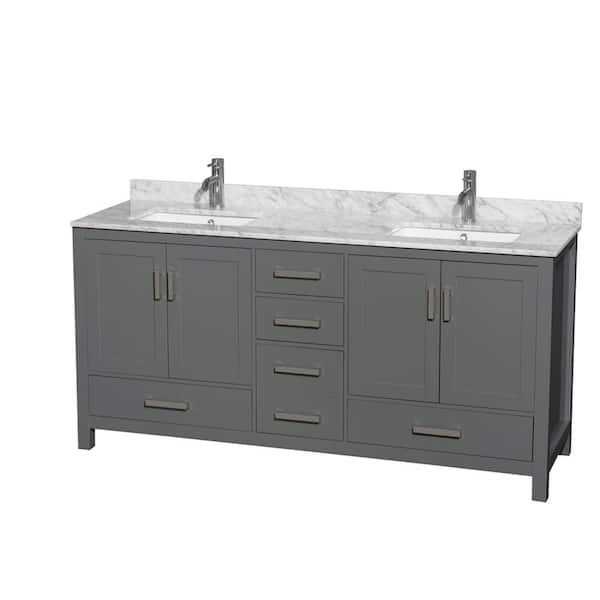 Wyndham Collection Sheffield 72 in. W x 22 in. D x 35 in. H Double Bath Vanity in Dark Gray with White Carrara Marble Top