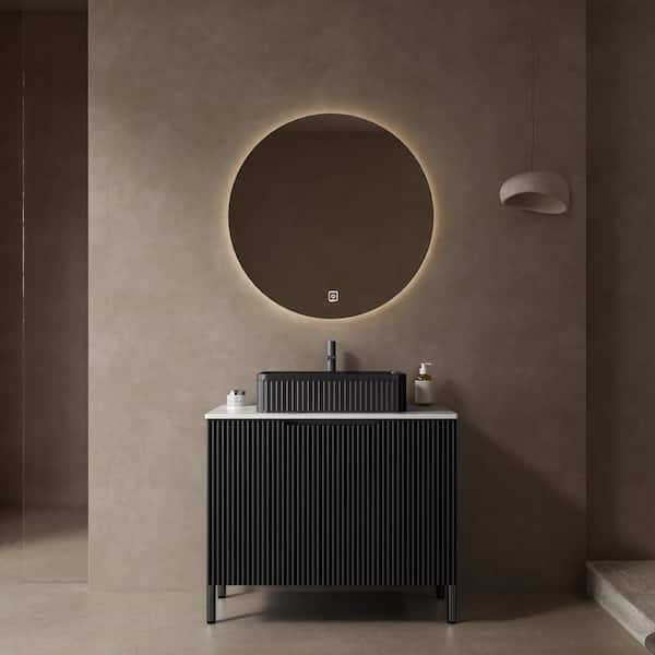 PARASOLAR 30 in. Freestanding Black Bath Vanity with Carrara White Sintered Stone Top and Black Ceramic Basin, Sink Hole Cove