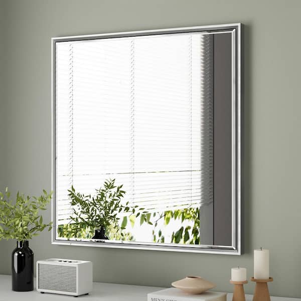 OnaBella 36 in. W x 36 in. H Rectangular Aluminum Thin Framed Wall Mount Beveled Bathroom Vanity Mirror in Silver