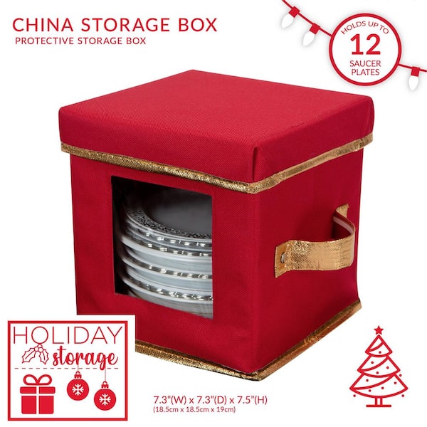 OSTO Holiday Dinnerware Storage Box with Lid; Plate Box Has Cardboard  Insert, Lid, Handgrips, Clear Window; Non-Woven Fabric Color Ivory and Red