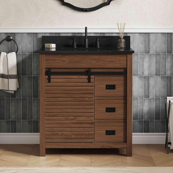 DELUXE DL LIVING Harris 31 in. Single Sink Freestanding Brown Bath Vanity with Black Sintered Stone Top and Backsplash Assembled