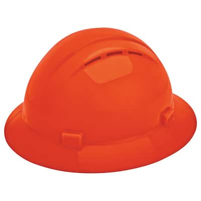 Vent 4 Point Nylon Suspension Mega Ratchet Full Brim Hard Hat in Hi Viz Orange