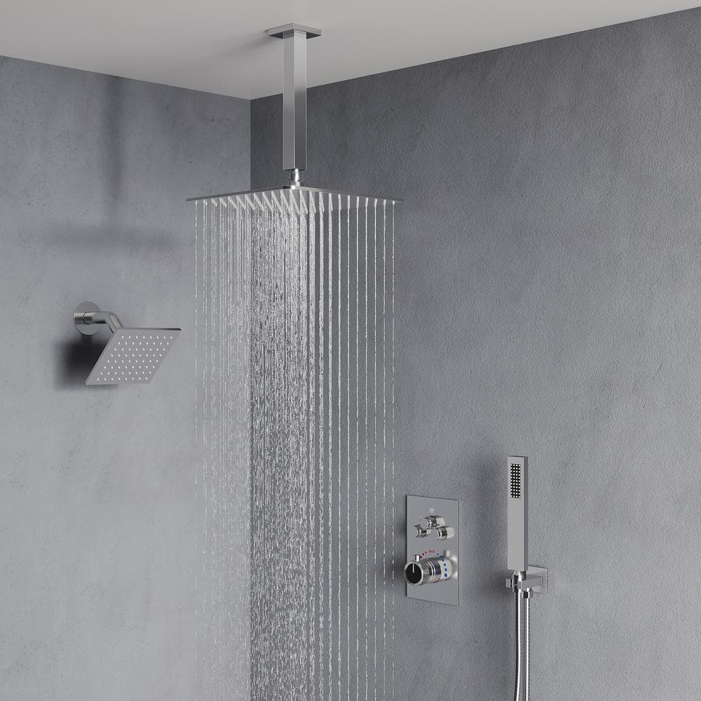 Chrome Dual Showerheads Thermostatic Shower Faucet with Handheld