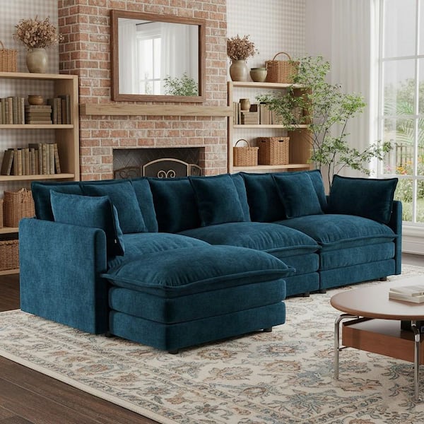 HEAT 111.5 in. Track Arm Oversized Modular L-Shaped Chenille Sectional Sofa with 1 Reversible Ottoman in Midnight Teal