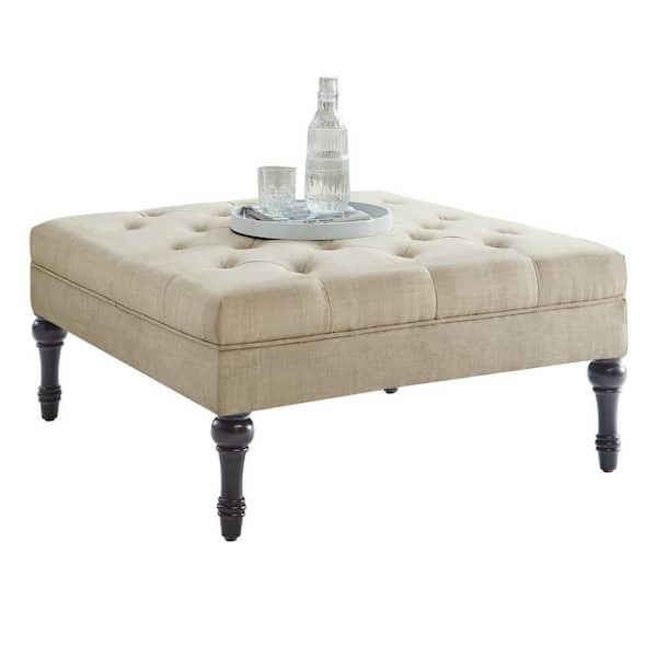 Beige Linen Square (Under 34 in.) Ottoman with Solid Rubber Wood Legs