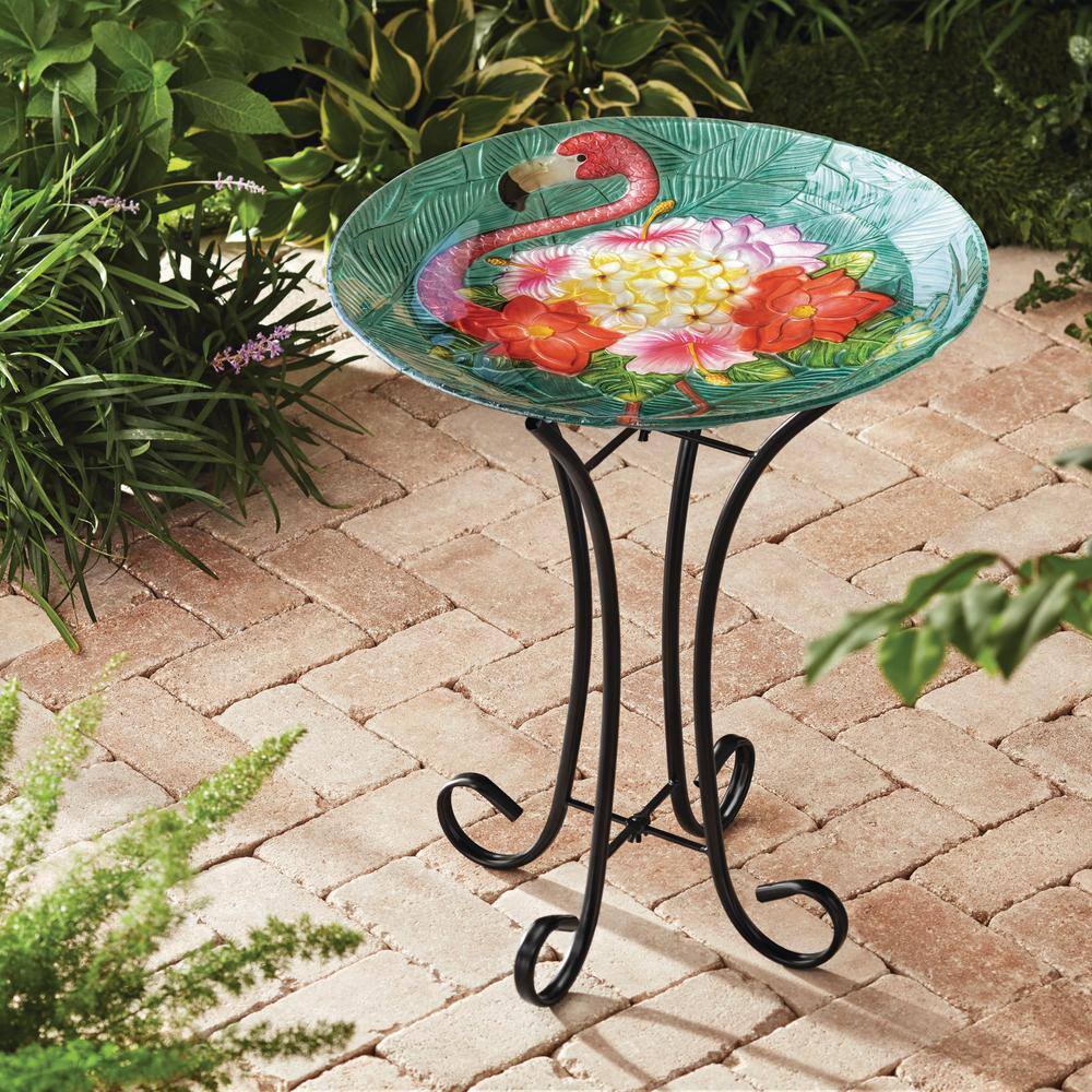 Tropical Flamingo Fusion Glass Birdbath with Metal Stand