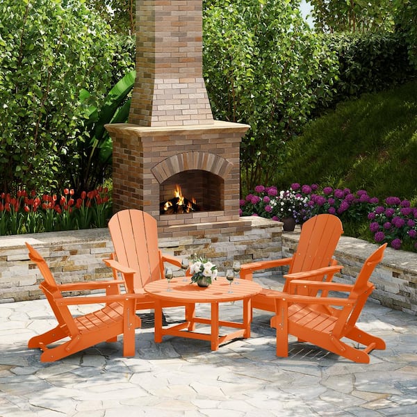 Laguna Orange Fade Resistant 5-Piece Plastic Adirondack Chair Outdoor Patio Conversation Set with Round Coffee Table
