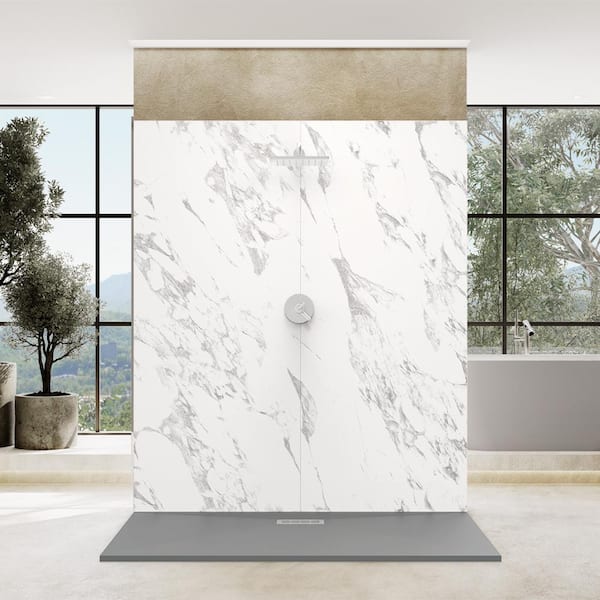 CASTICO 72 in. x 42 in. x 84 in. Solid Composite Stone Alcove Shower Kit-Carrara Shower Walls and Cntr B GR Sand Shower Pan Base