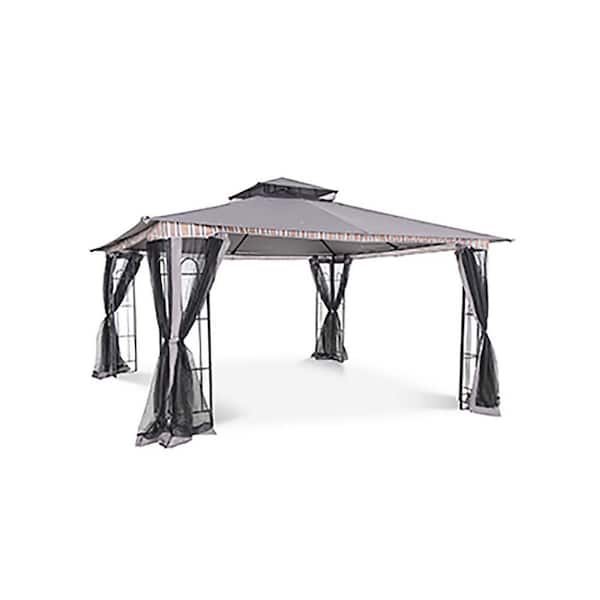 11 ft. x 13 ft. Gray Outdoor Gazebo Canopy Shelter with Mosquito Netting