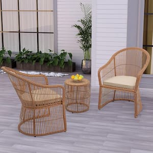 Natural Brown 3-Piece Wicker Outdoor Conversation Set with Beige Cushions