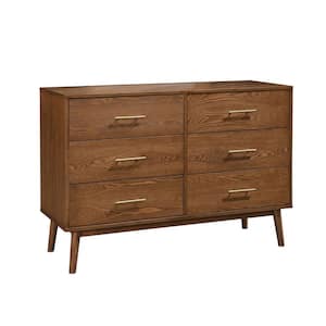 Walnut Brown and Nickel 6-Drawers 47 in. Dresser Without Mirror