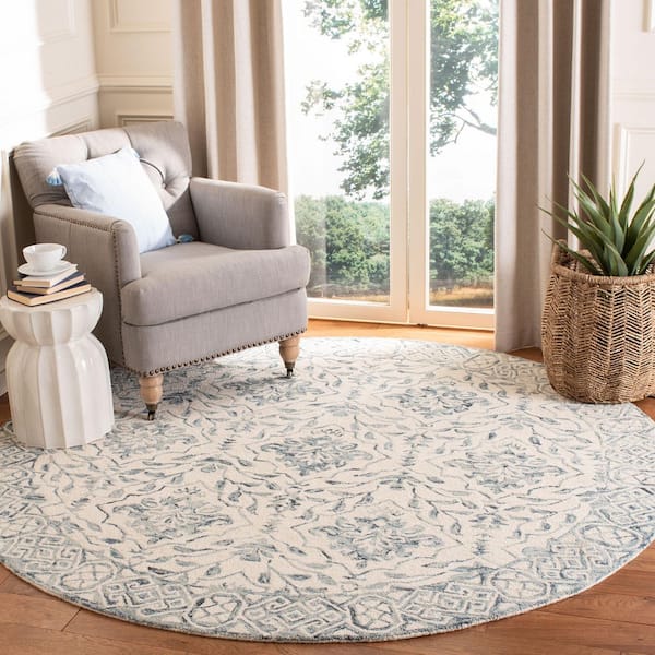Dip Dye Blue/Ivory 9 ft. x 9 ft. Border Floral Medallion Round Area Rug