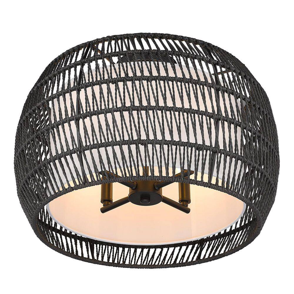 Everly Matte Black 19" Drum Semi-Flush Light with Modern Black Rattan Shade