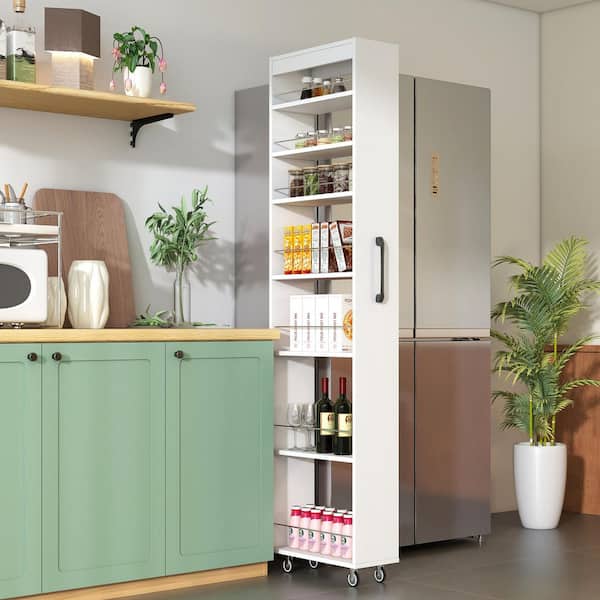 White Wood 7 Tier Multi-Functional Pantry Organizer, Pull-Out Multi-Tier Storage Single-Sided Open Shelf