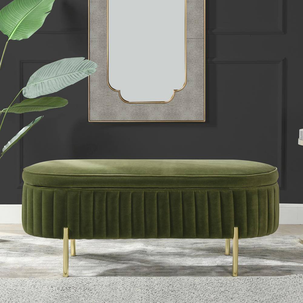 Olive Green Velvet Storage Bench with Gold Legs